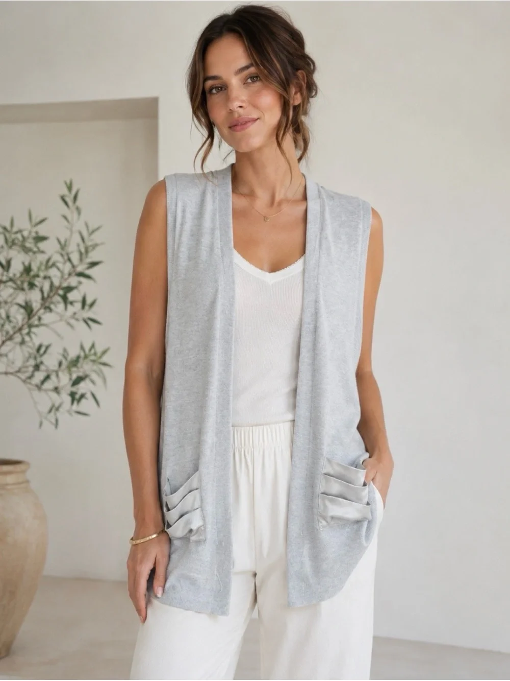 Serena Williams Soft Gray Sleeveless Button-Down Cardigan Vest, Satin Pockets